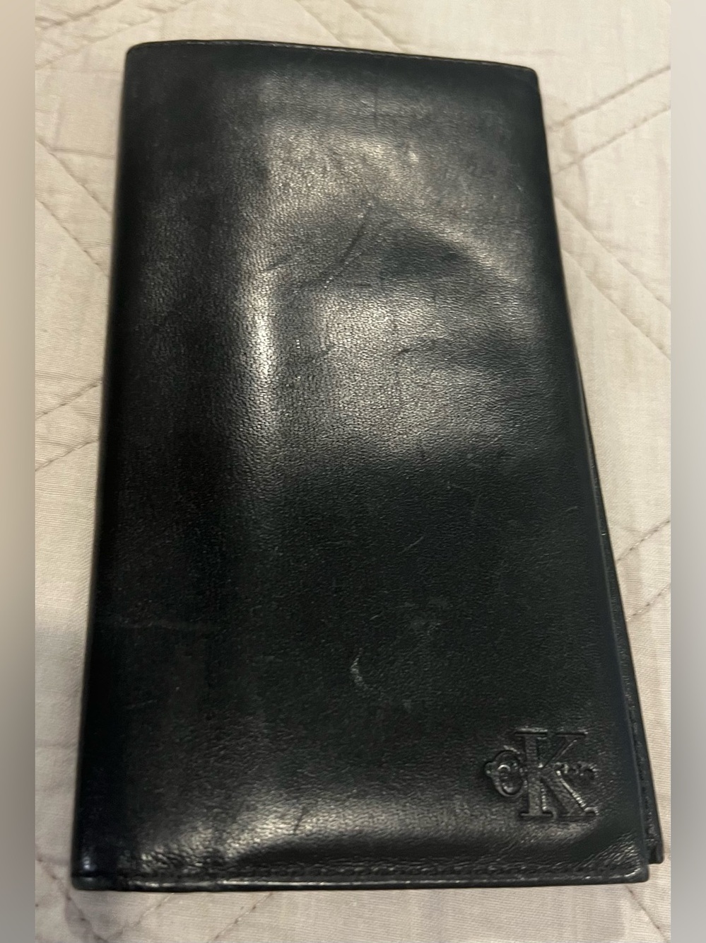Black Leather Long Wallet with Embossed CK Logo